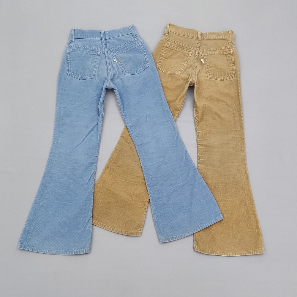 Vintage Levi's Corduroy Pants Size 11 Slim 2 Pairs Blue & Tan White Tab Flares
